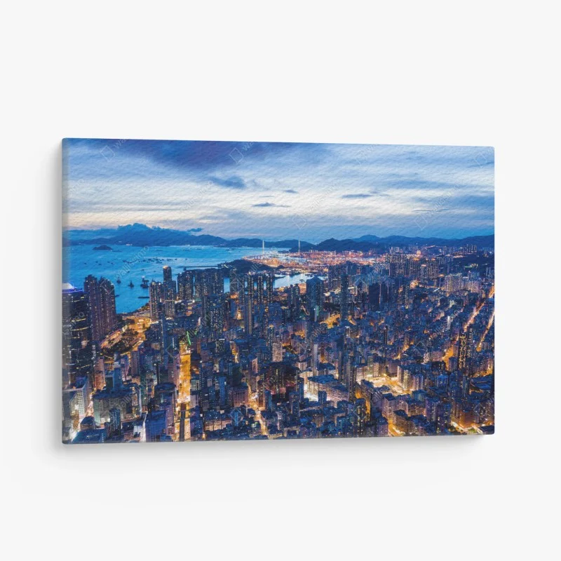 Quadro su tela vista notturna di Hong Kong dall'alto