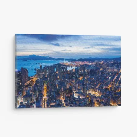 Quadro su tela vista notturna di Hong Kong dall'alto • Wallissimo®