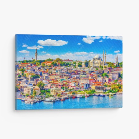 Quadro su tela panorama urbano di Istanbul con moschea e marina • Wallissimo®