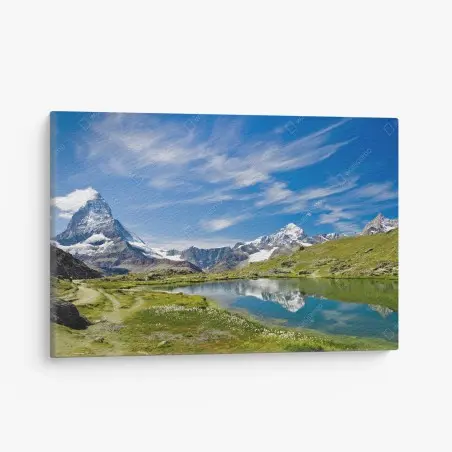 Quadro su tela paesaggio alpino con il Cervino e lago cristallino • Wallissimo®