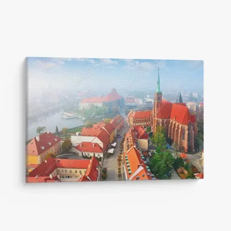 Quadro su tela panorama urbano storico con tetti rossi e chiesa gotica • Wallissimo®