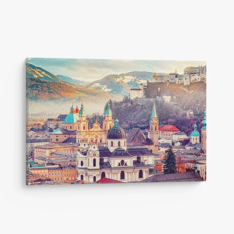 Quadro su tela panorama storico di Salisburgo al tramonto