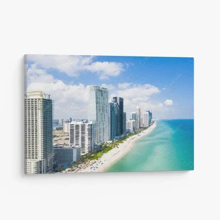 Quadro su tela panorama costiero con skyline moderno e mare turchese • Wallissimo®