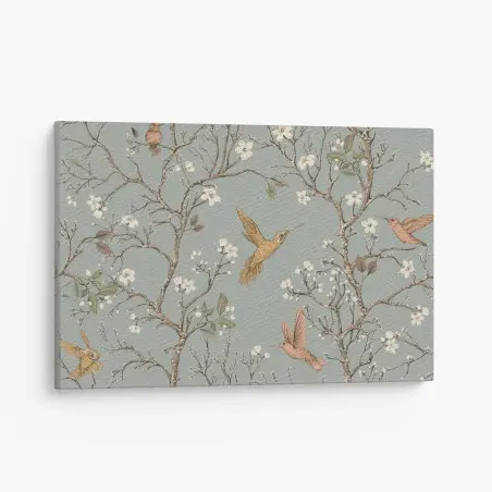 Quadro su tela rami fioriti e colibrì su sfondo grigio • Wallissimo®
