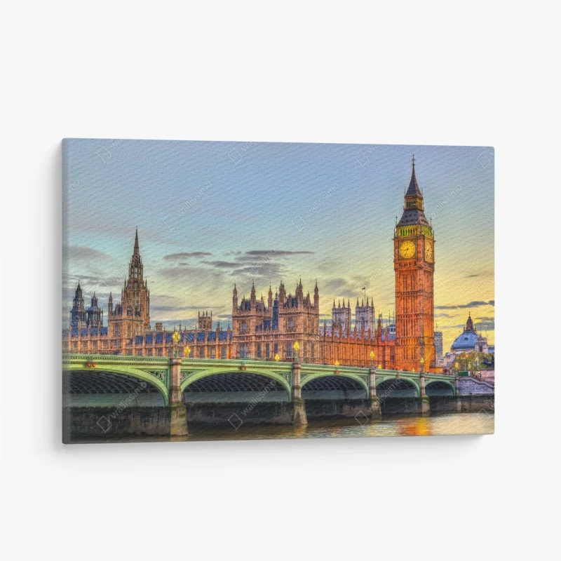 Quadro su tela vista al tramonto del palazzo di Westminster e di Big Ben, Londra