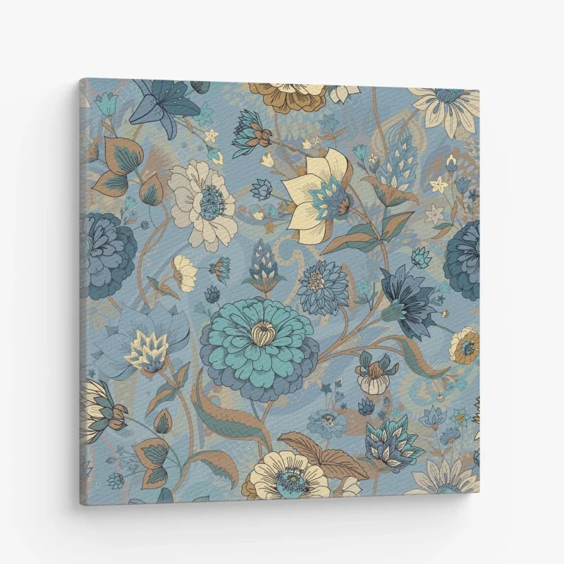 Quadro su tela motivo floreale vintage in tonalità blu e turchese