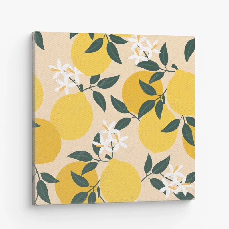 Quadro su tela motivo di limoni e fiori su sfondo beige