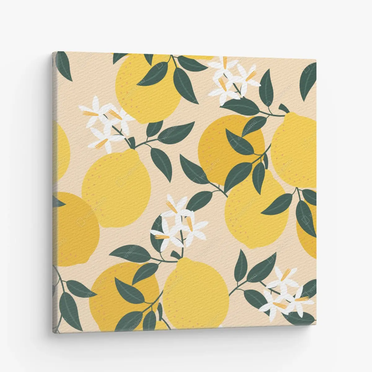 Quadro su tela motivo di limoni e fiori su sfondo beige • Wallissimo®