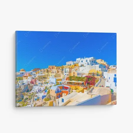 Quadro su tela vista di Oia, Santorini: villaggio di case bianche e colori mediterranei • Wallissimo®
