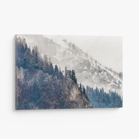 Quadro su tela paesaggio montano: scogliera innevata e boschi di conifere • Wallissimo®