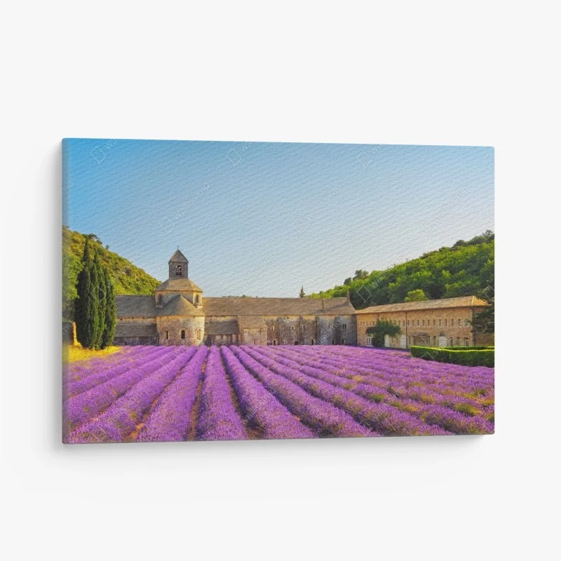Quadro su tela tramonto all'abbazia di Sénanque tra campi di lavanda