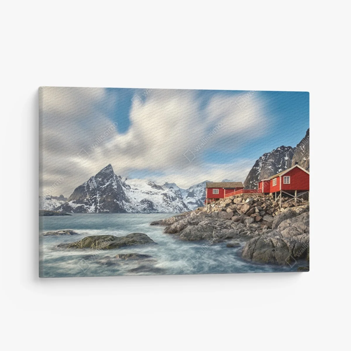 Quadro su tela rifugio rosso sul fiordo innevato • Wallissimo® Quadro su tela rifugio rosso sul fiordo innevato • Wallissimo®