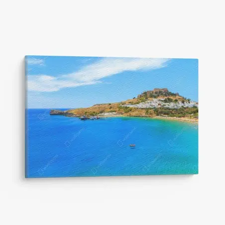 Quadro su tela panorama costiero mediterraneo con borgo e castello • Wallissimo®