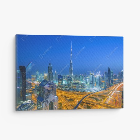 Quadro su tela orizzonte notturno di Dubai con Burj Khalifa • Wallissimo®