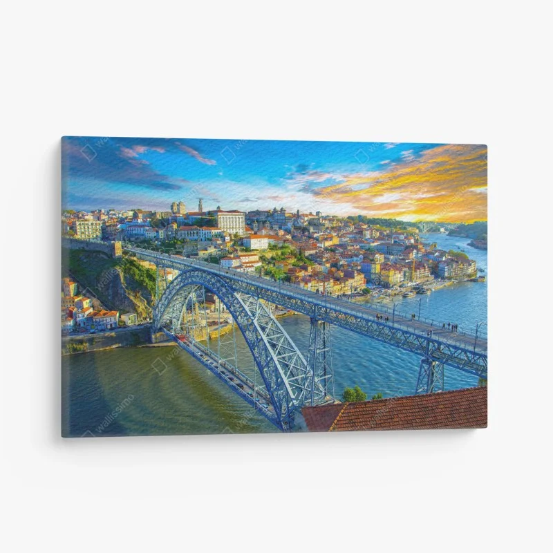 Quadro su tela panorama al tramonto su Porto e ponte metallico