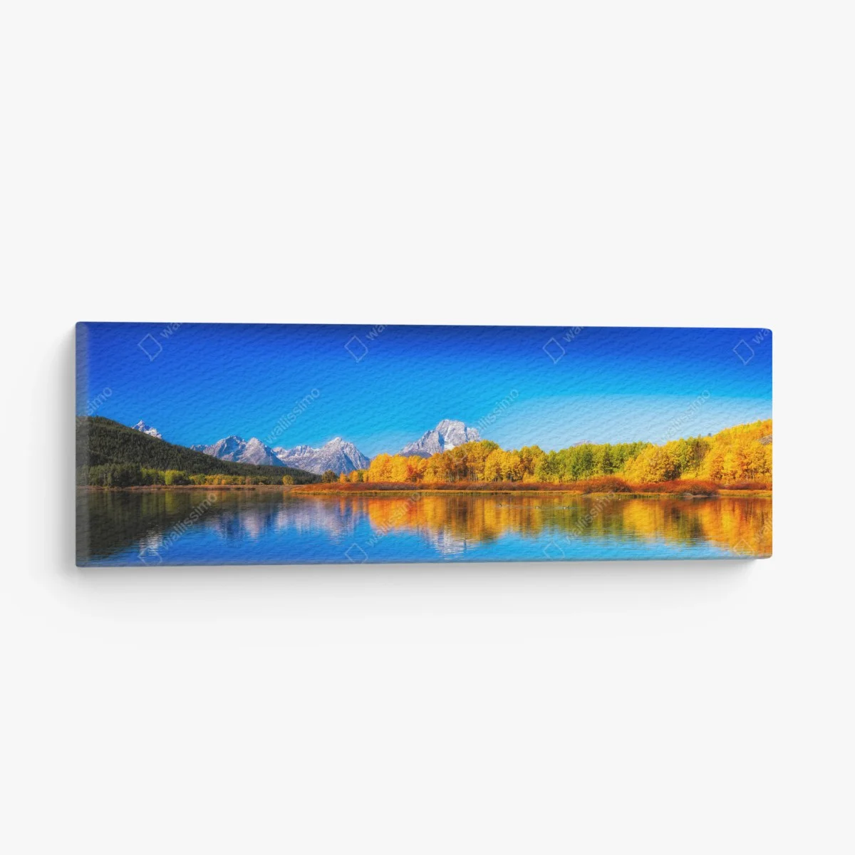 Quadro su tela panoramica autunnale sul lago con montagne innevate • Wallissimo® Quadro su tela panoramica autunnale sul lago con montagne innevate • Wallissimo®