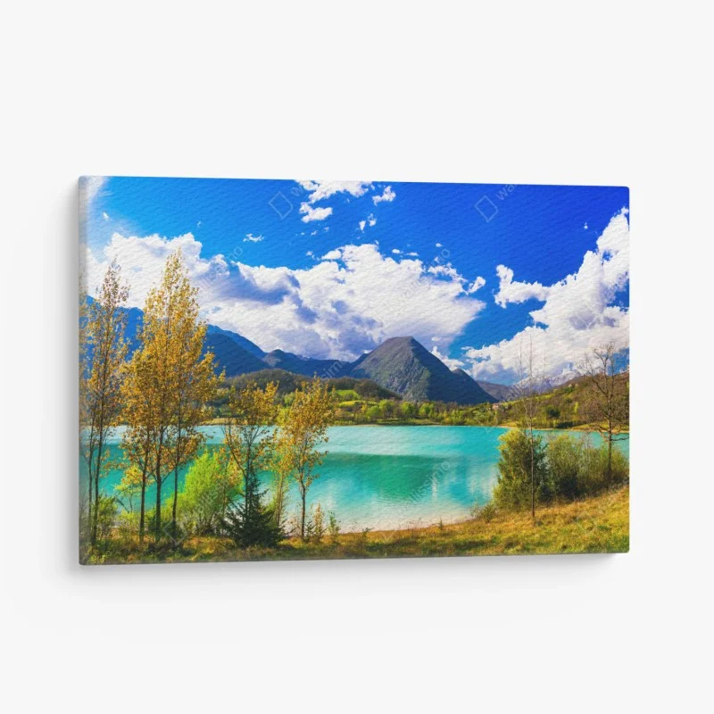 Quadro su tela panorama di lago turchese e montagne