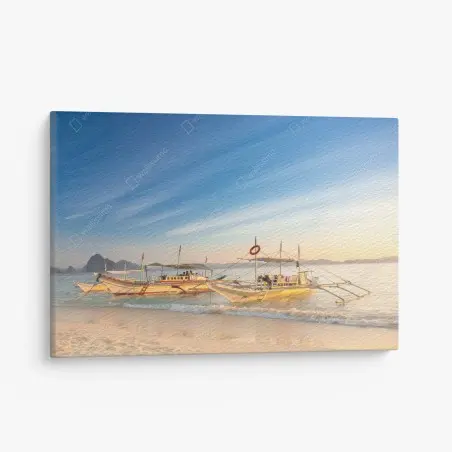 Quadro su tela barche tradizionali su spiaggia al tramonto • Wallissimo®