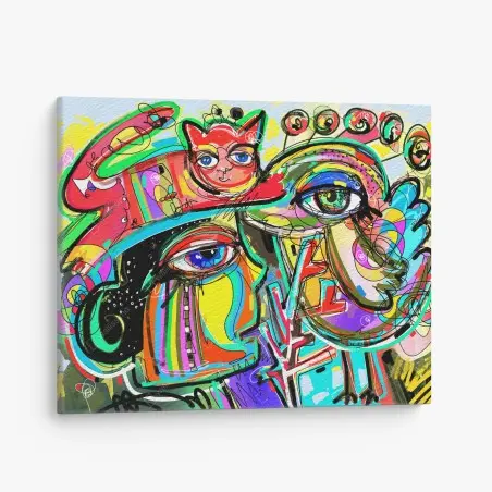 Quadro su tela ritratto astratto con gatto rosso e uccello • Wallissimo®