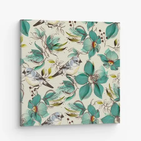 Quadro su tela motivo retrò di fiori e uccelli turchesi • Wallissimo®