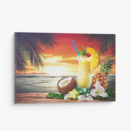 Quadro su tela tramonto tropicale con pina colada • Wallissimo®