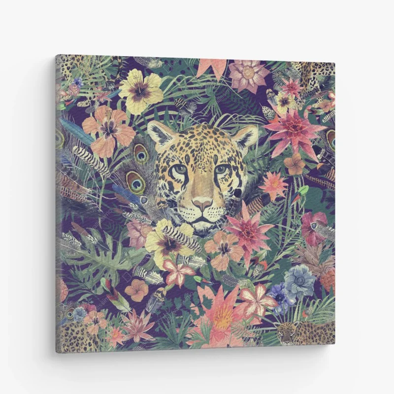 Quadro su tela ritratto floreale di leopardo in acquerello