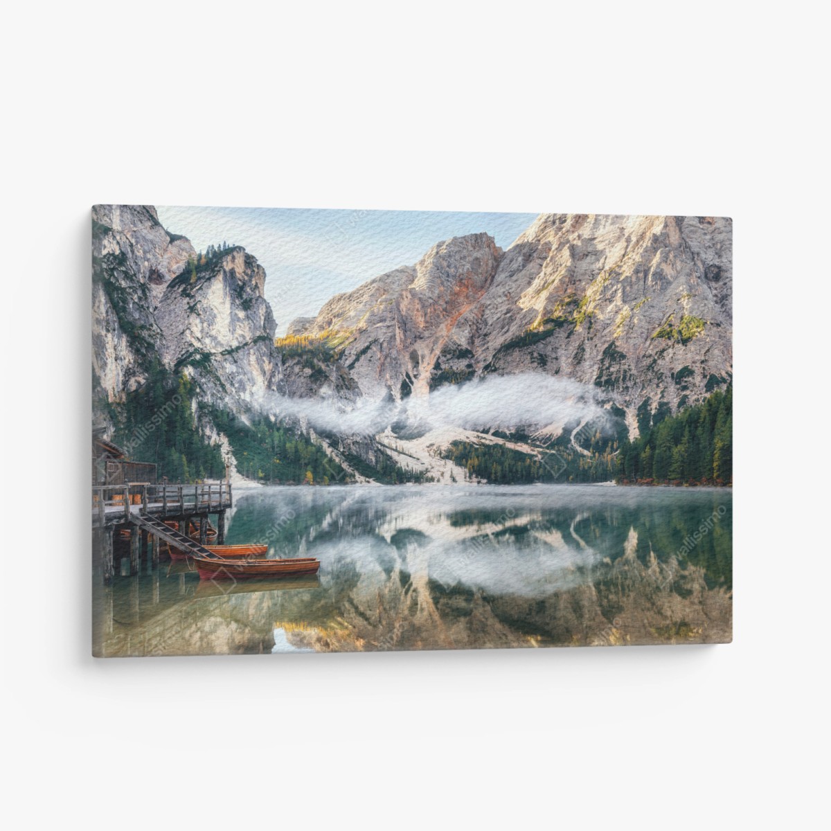 Quadro su tela paesaggio alpino con lago e barche in riva • Wallissimo®