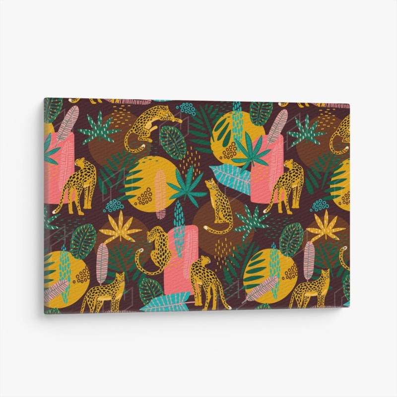 Quadro su tela pattern tropicale con giaguari e foglie colorate