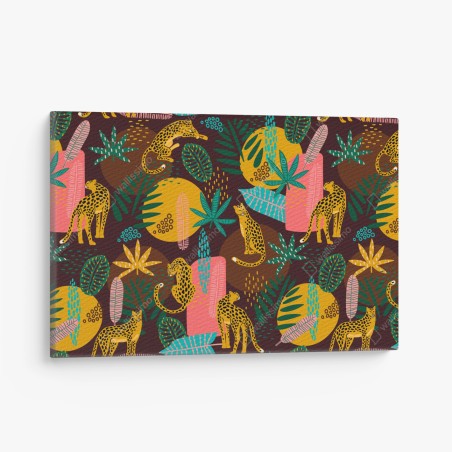Quadro su tela pattern tropicale con giaguari e foglie colorate • Wallissimo®