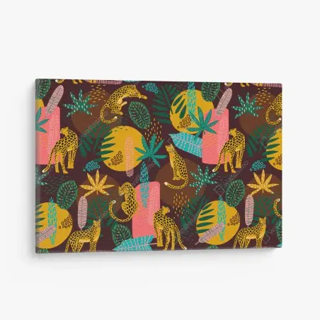 Quadro su tela pattern tropicale con giaguari e foglie colorate • Wallissimo®