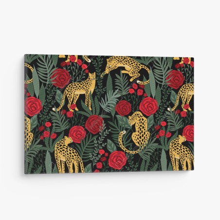 Quadro su tela eleganza felina tra rose rosse • Wallissimo®