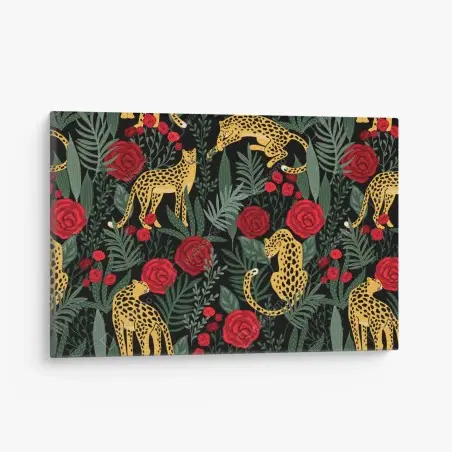 Quadro su tela eleganza felina tra rose rosse • Wallissimo®