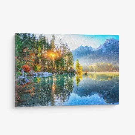 Quadro su tela alba autunnale a Hintersee: panorama alpino riflesso • Wallissimo®