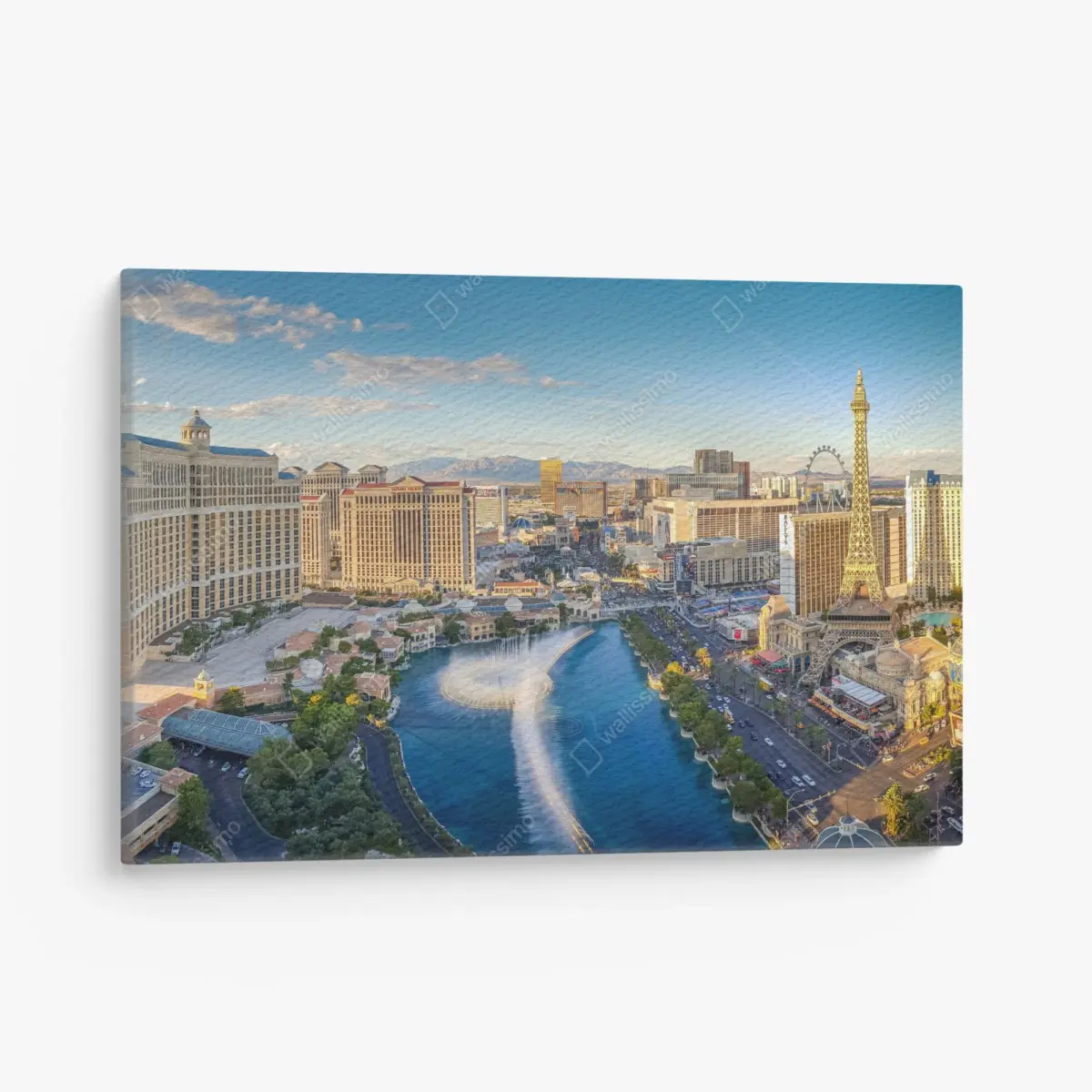 Quadro su tela panoramica di Las Vegas al tramonto con Torre Eiffel e fontane • Wallissimo®