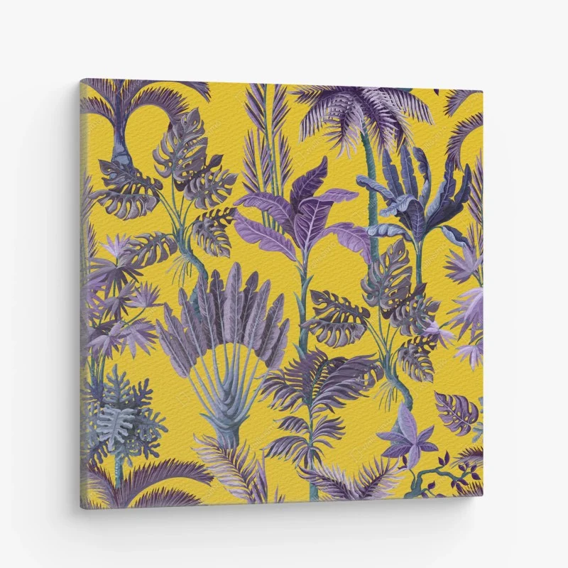 Quadro su tela giungla tropicale viola su sfondo giallo