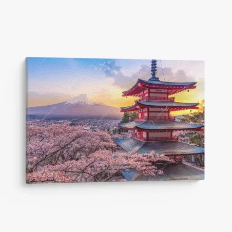 Quadro su tela fioritura di ciliegi e pagoda Chureito a Fujiyoshida con Monte Fuji al tramonto • Wallissimo®