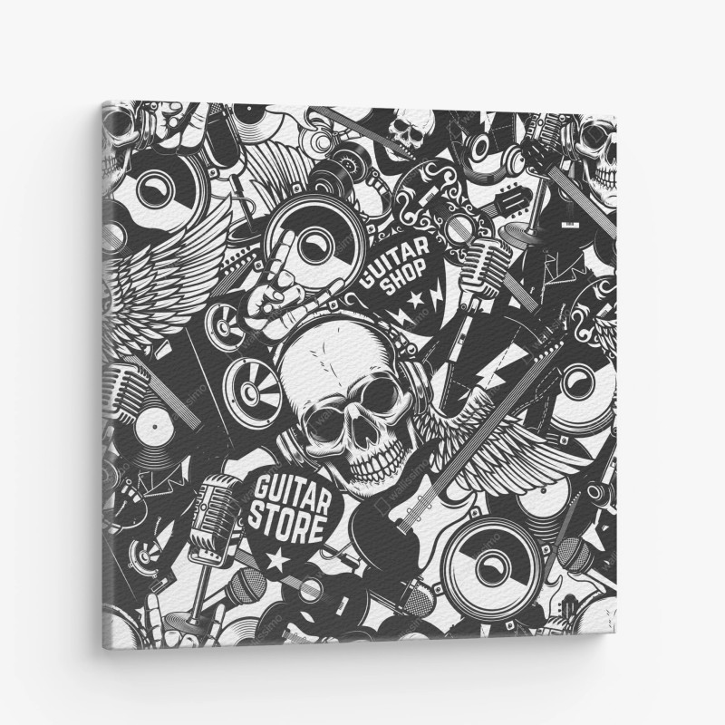 Quadro su tela motivo rock teschi e chitarre in bianco e nero