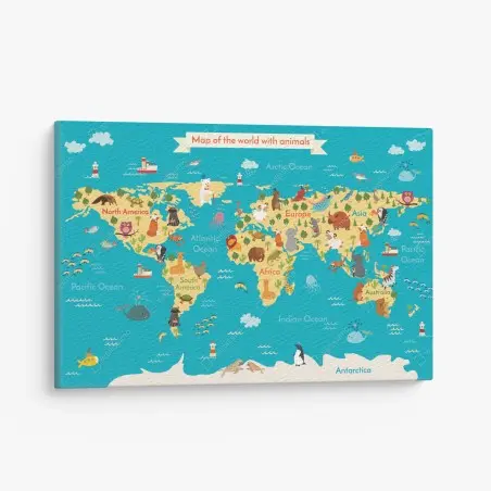 Quadro su tela mappa del mondo degli animali colorata per la cameretta • Wallissimo®