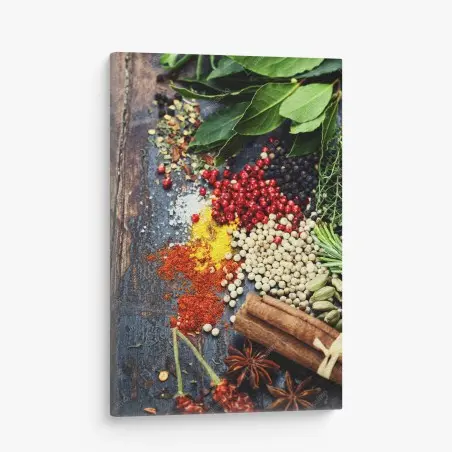 Quadro su tela composizione di spezie ed erbe aromatiche su legno rustico • Wallissimo®