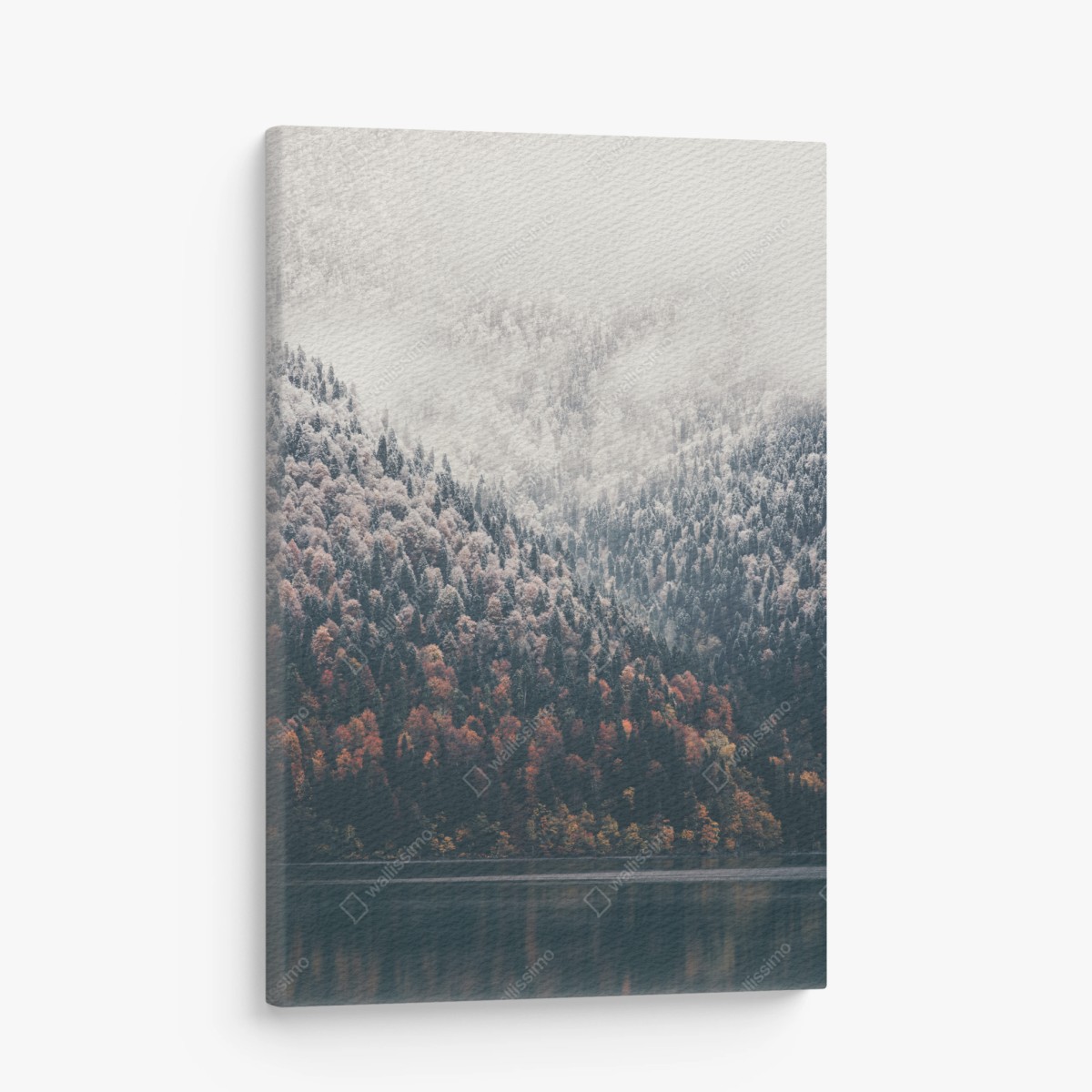 Quadro su tela paesaggio montano autunnale con lago e nebbia • Wallissimo®