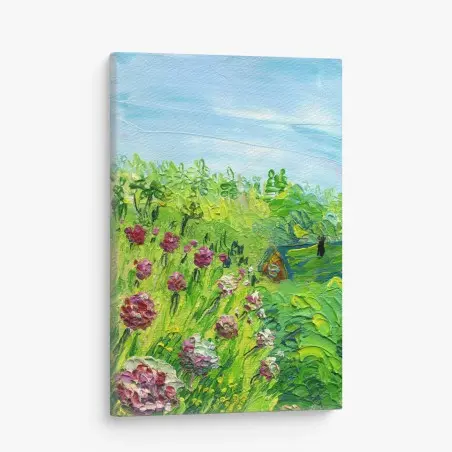 Quadro su tela campo di peonie in fiore su sfondo primaverile • Wallissimo®