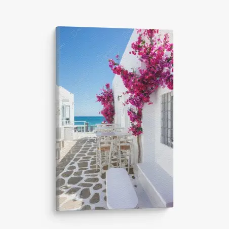 Quadro su tela scorcio mediterraneo fiorito sul mare • Wallissimo®