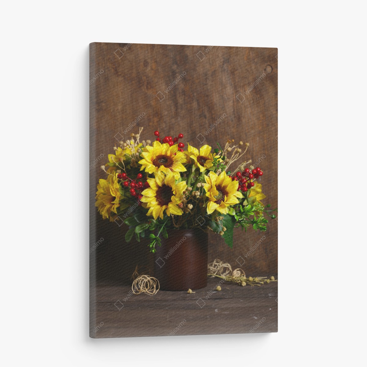 Quadro su tela bouquet di girasoli autunnale su sfondo rustico • Wallissimo®