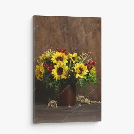 Quadro su tela bouquet di girasoli autunnale su sfondo rustico • Wallissimo®