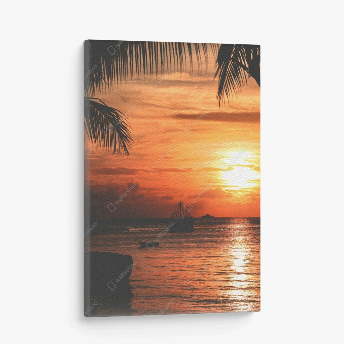 Quadro su tela tramonto tropicale sul mare con palme e barche • Wallissimo® Quadro su tela tramonto tropicale sul mare con palme e barche • Wallissimo®