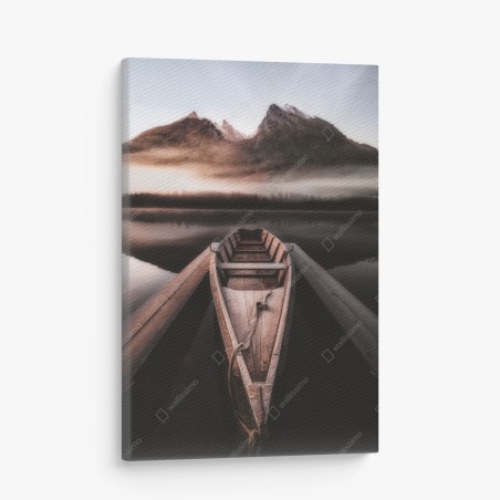 Quadro su tela barca solitaria sul lago nella nebbia • Wallissimo®