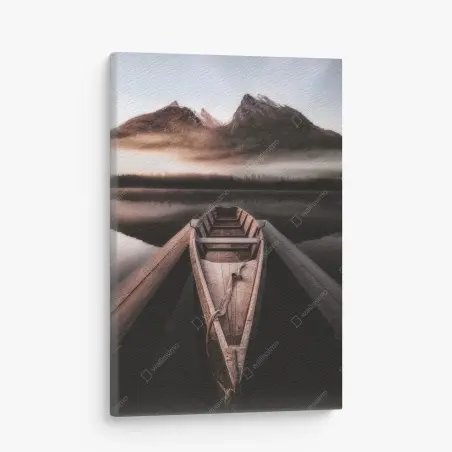 Quadro su tela barca solitaria sul lago nella nebbia • Wallissimo®