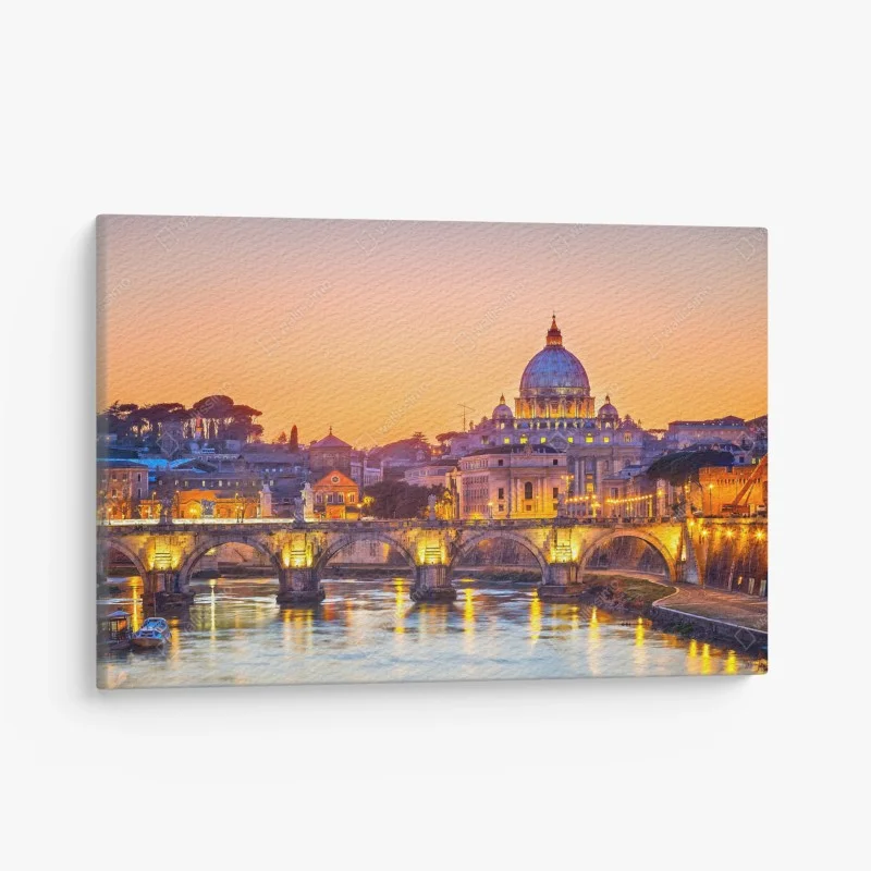 Quadro su tela panorama al tramonto di Roma con la cupola di San Pietro