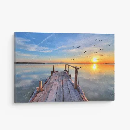 Quadro su tela molo di legno al tramonto sul lago • Wallissimo®