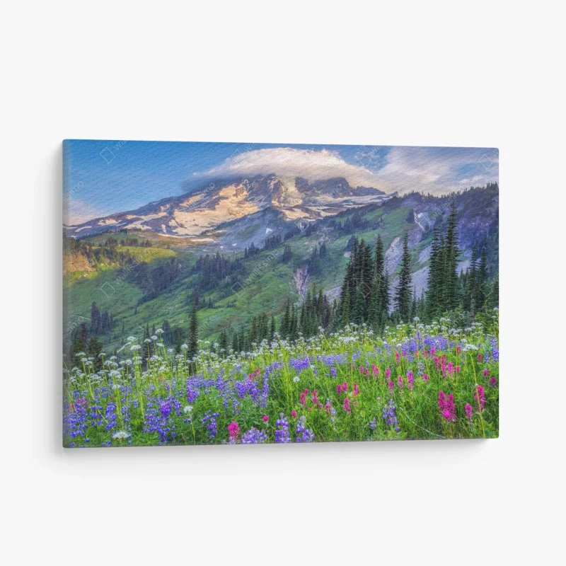 Quadro su tela prato alpino fiorito con vista sulla montagna